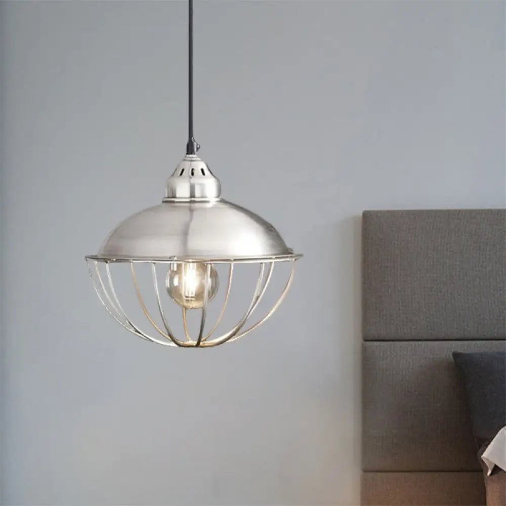 Vintage Style Metal Bowl Cage Pendant Light - Silver 1 Ceiling Fixture For Dining Room