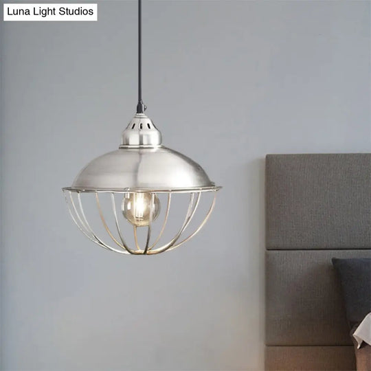 Vintage Style Cage Pendant Light With Silver Metal Bowl For Dining Room Ceiling