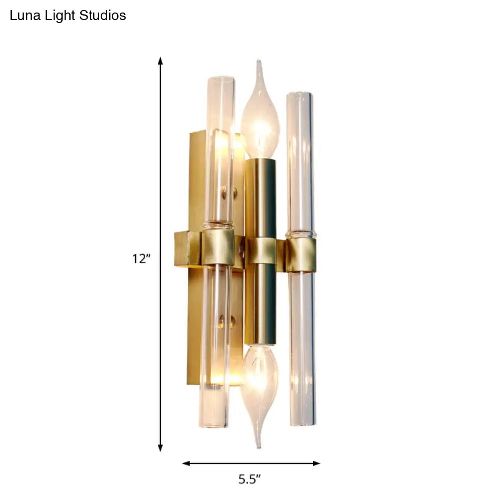 Vintage Style Metal Candle Wall Sconce With Clear Crystal Pipe - Set Of 2 Bulbs In Brass Finish