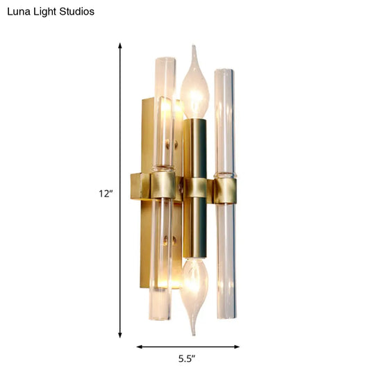 Vintage Style Metal Candle Wall Sconce With Clear Crystal Pipe - Set Of 2 Bulbs In Brass Finish