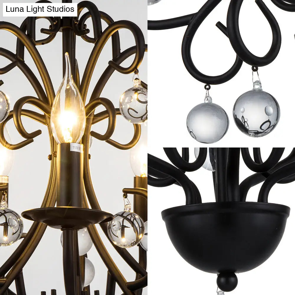 Vintage Style Black Metal Chandelier Lamp With 5 Lights - Dining Room Suspension Light Crystal Ball