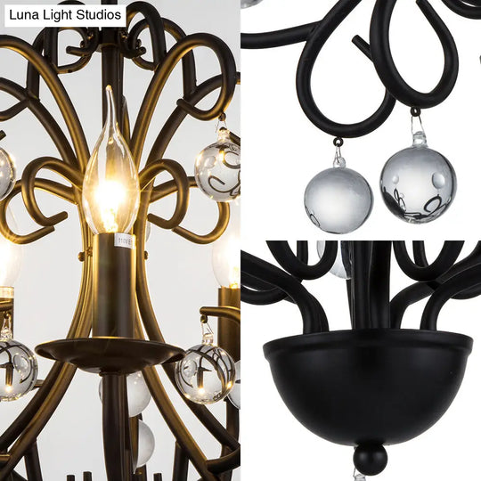 Vintage Style Black Metal Chandelier Lamp With 5 Lights - Dining Room Suspension Light Crystal Ball