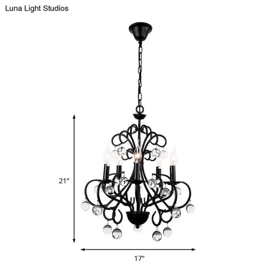 Vintage Style Black Metal Chandelier Lamp With 5 Lights - Dining Room Suspension Light Crystal Ball