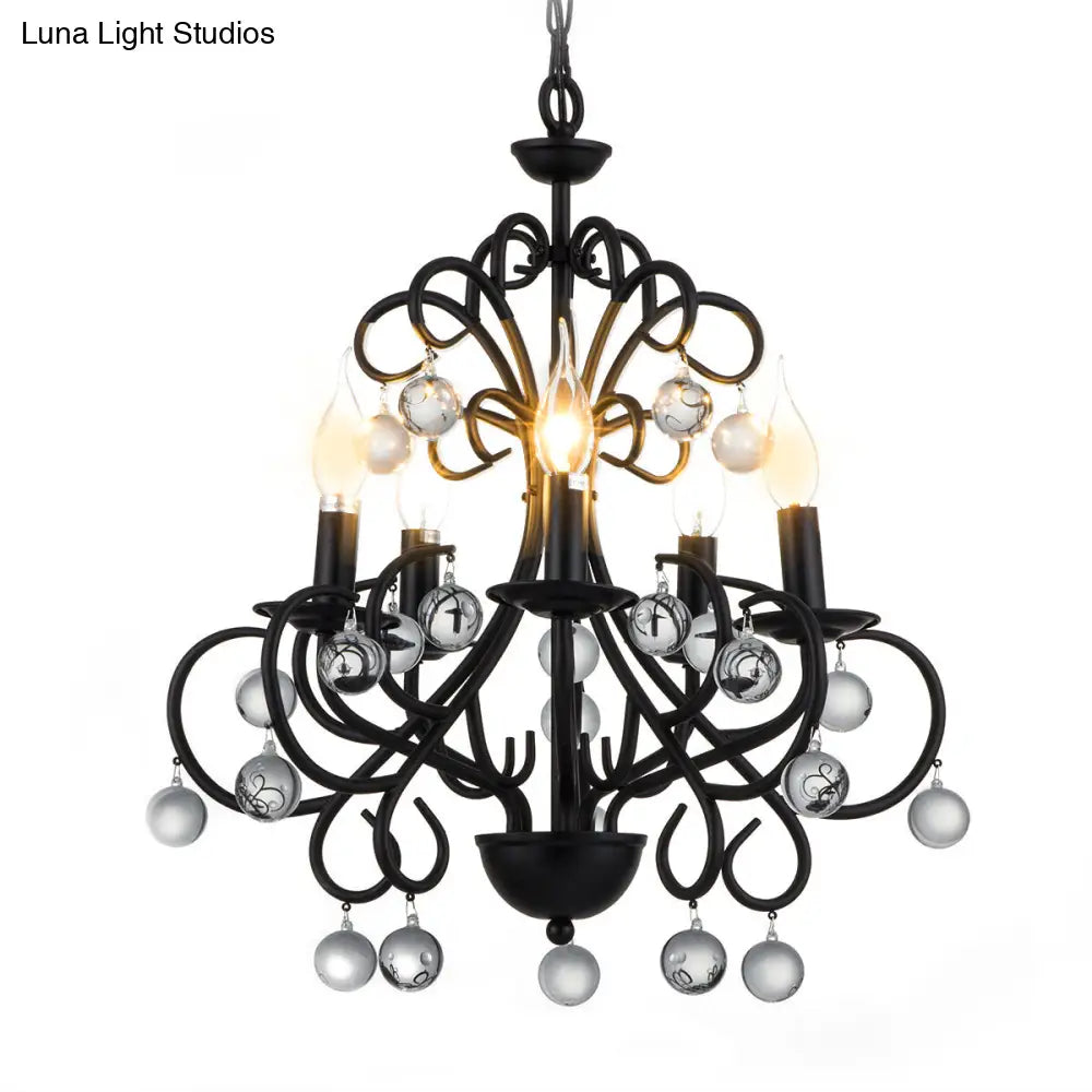 Vintage Style Black Metal Chandelier Lamp With 5 Lights - Dining Room Suspension Light Crystal Ball
