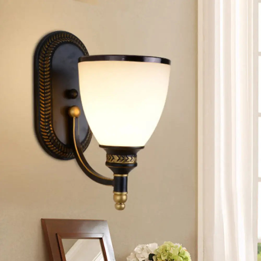 Vintage Style Metal Dome Wall Sconce 1/2-Head Living Room Lamp With White Glass In Black 1 /