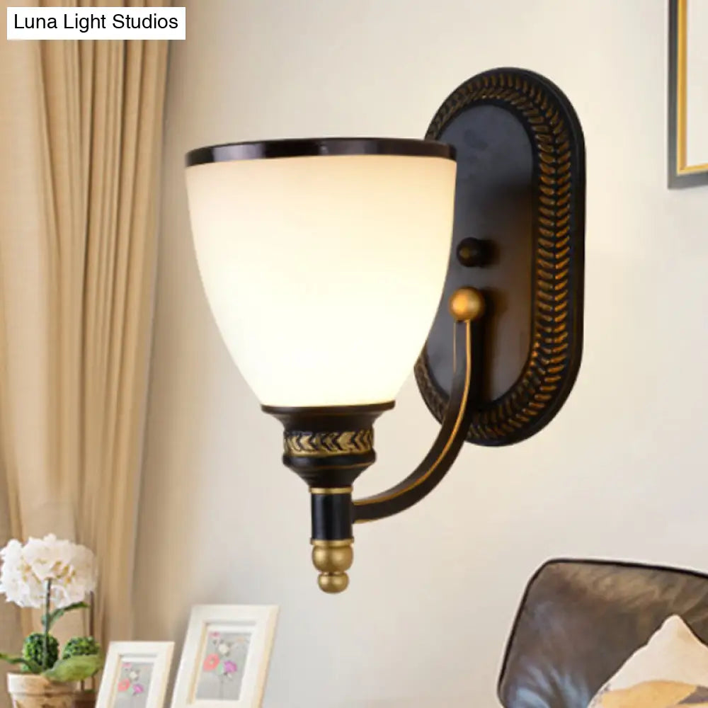 Vintage Style Metal Dome Wall Sconce 1/2-Head Living Room Lamp With White Glass In Black