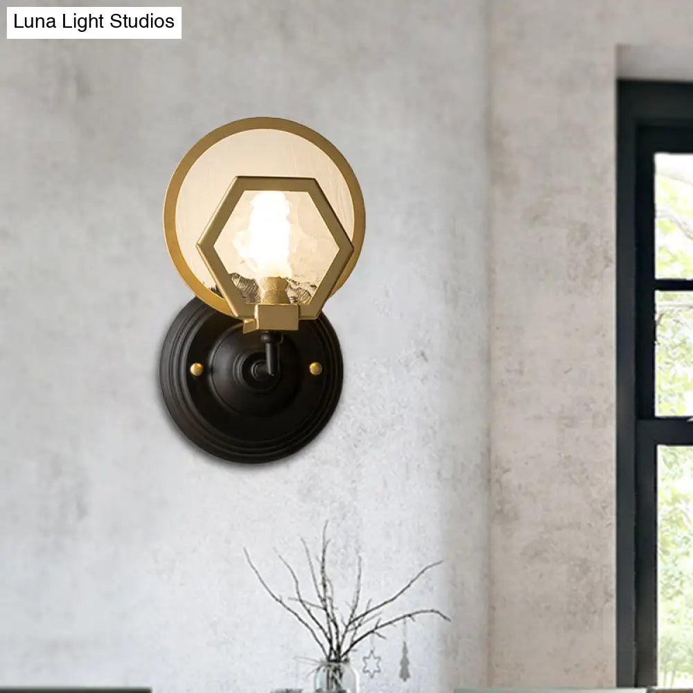 Vintage Style Metal Geometric Wall Sconce Light With Water Glass Shade - Black Finish