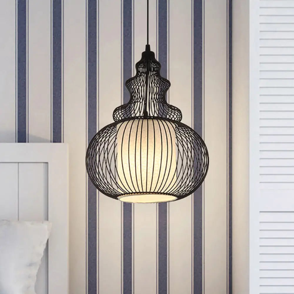 Vintage Style Metal Gourd Caged Pendant Lamp - Adjustable Cord Ideal For Bedrooms Black