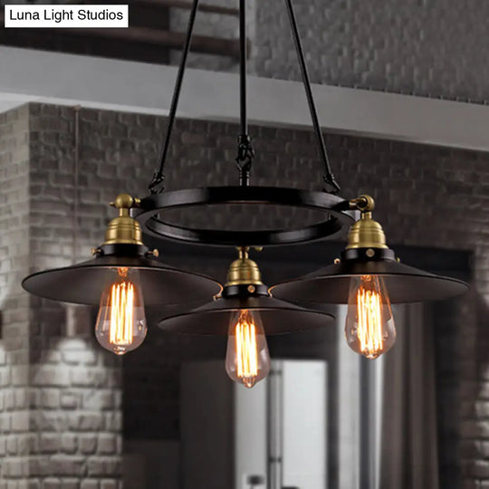 Vintage Metal Ring Chandelier With Flared Shade In Black - 3/6 Lights