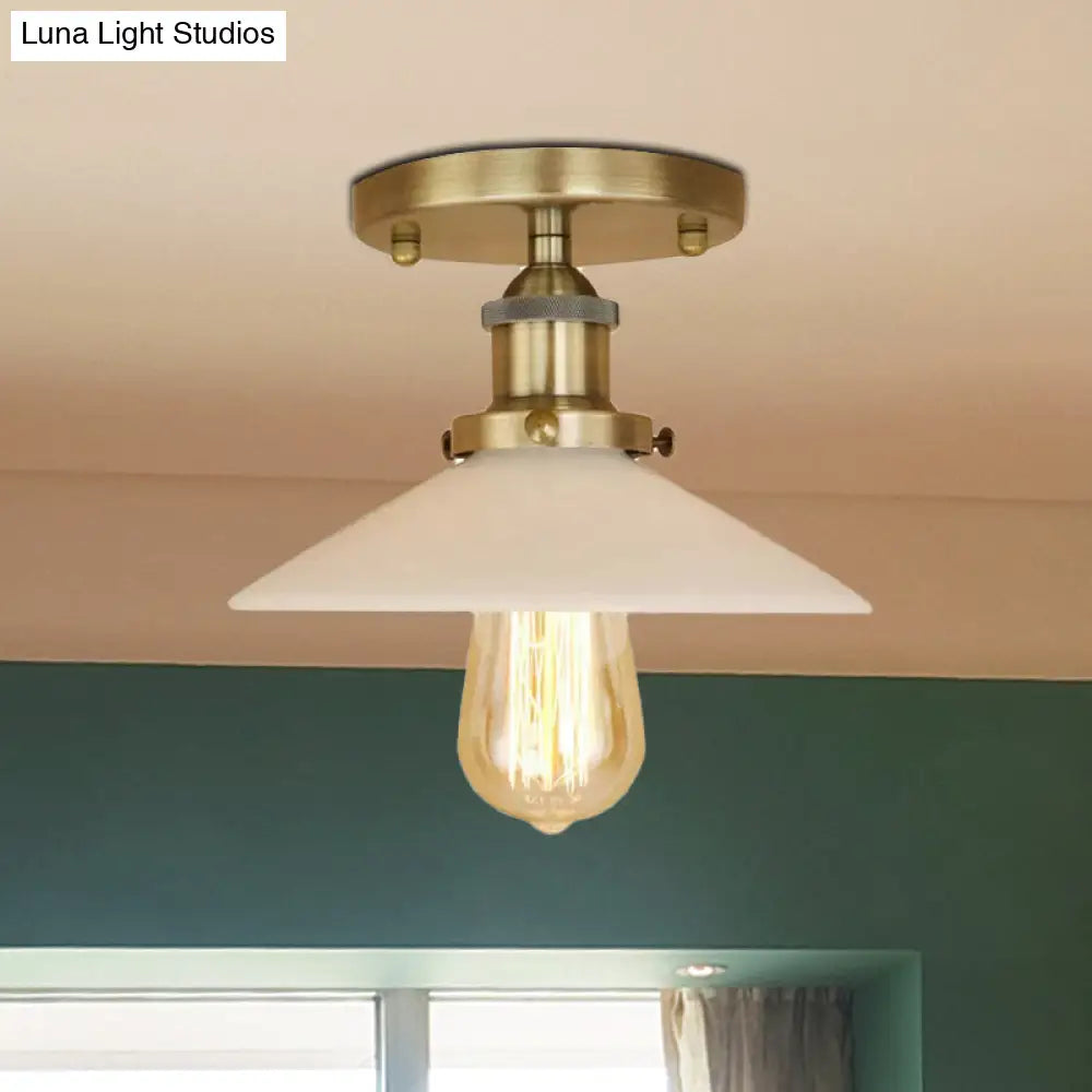 Vintage Style Metal Semi-Flush Mount Ceiling Light With Conical Shape - 1 Fixture In Bronze/Brass