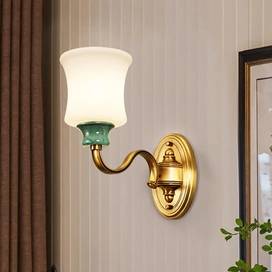 Vintage Style Metal Wall Sconce With Gold Finish Bell Design And Milky Glass Shade 1 /