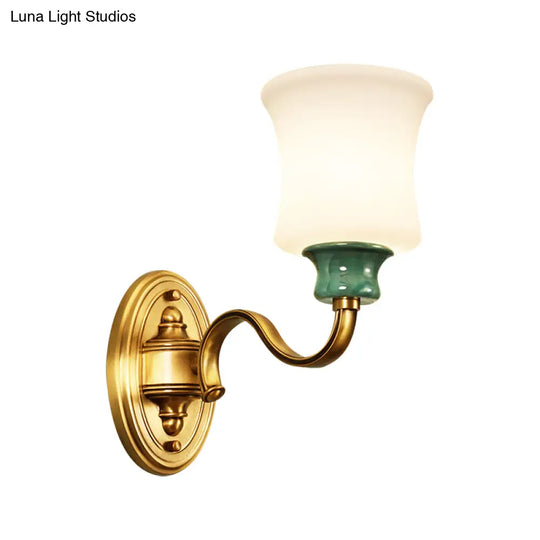 Vintage Style Metal Wall Sconce With Gold Finish Bell Design And Milky Glass Shade