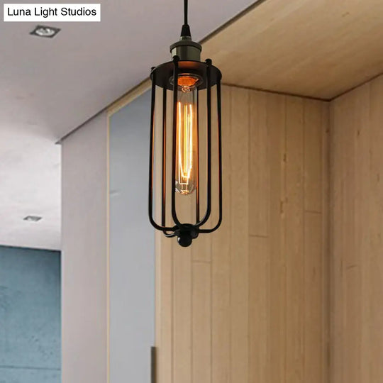 Vintage Style Metallic Matte Black Pendant Lamp With Cage Shade - 1 Light Hanging Fixture