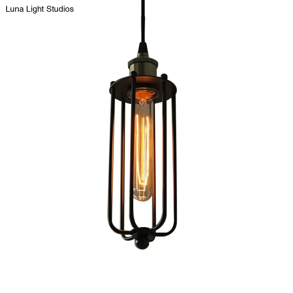 Vintage Style Metallic Matte Black Pendant Lamp With Cage Shade - 1 Light Hanging Fixture