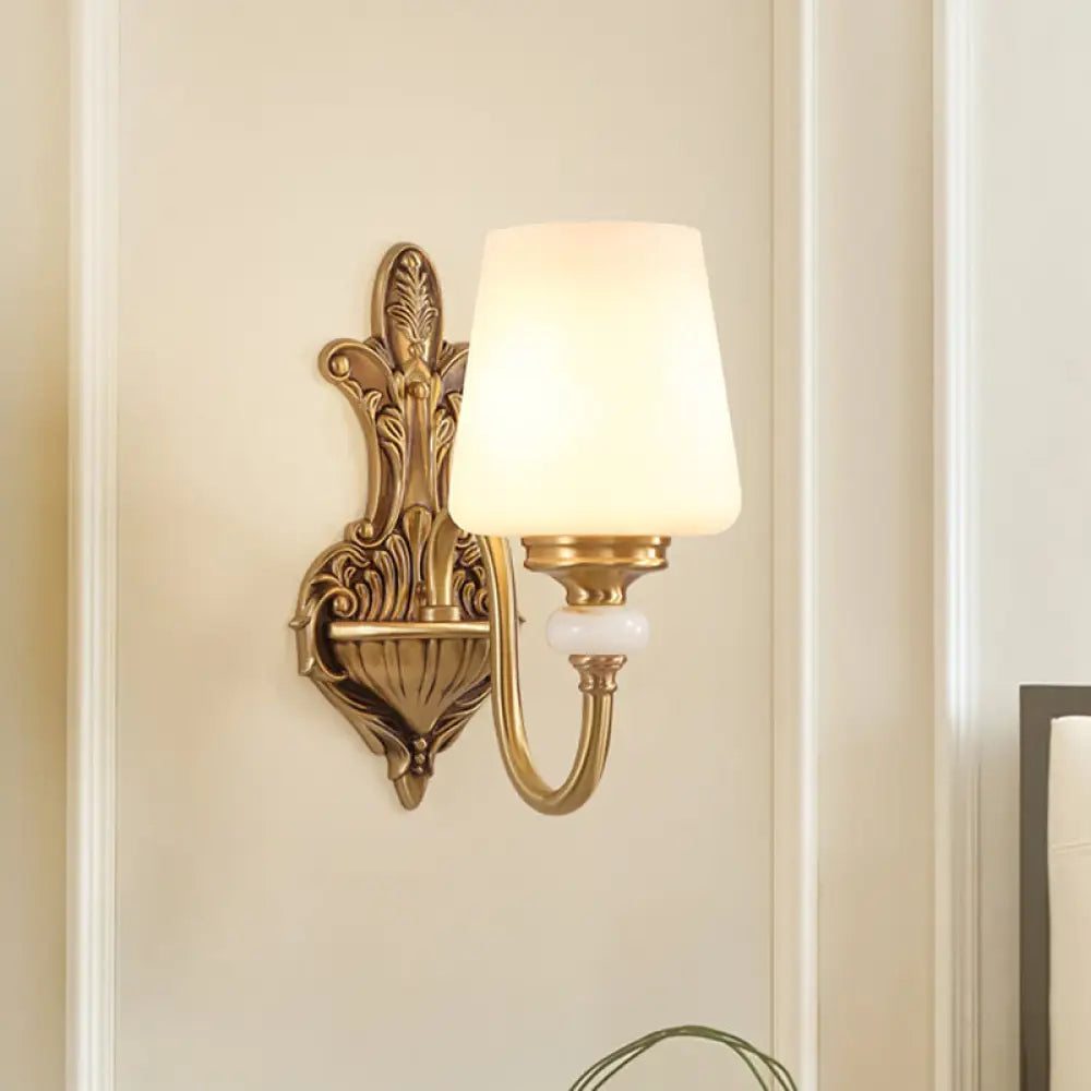 Vintage-Style Opal Glass Tapered Sconce Light With Golden Gooseneck Arm - Bedroom Wall Mount 1 /