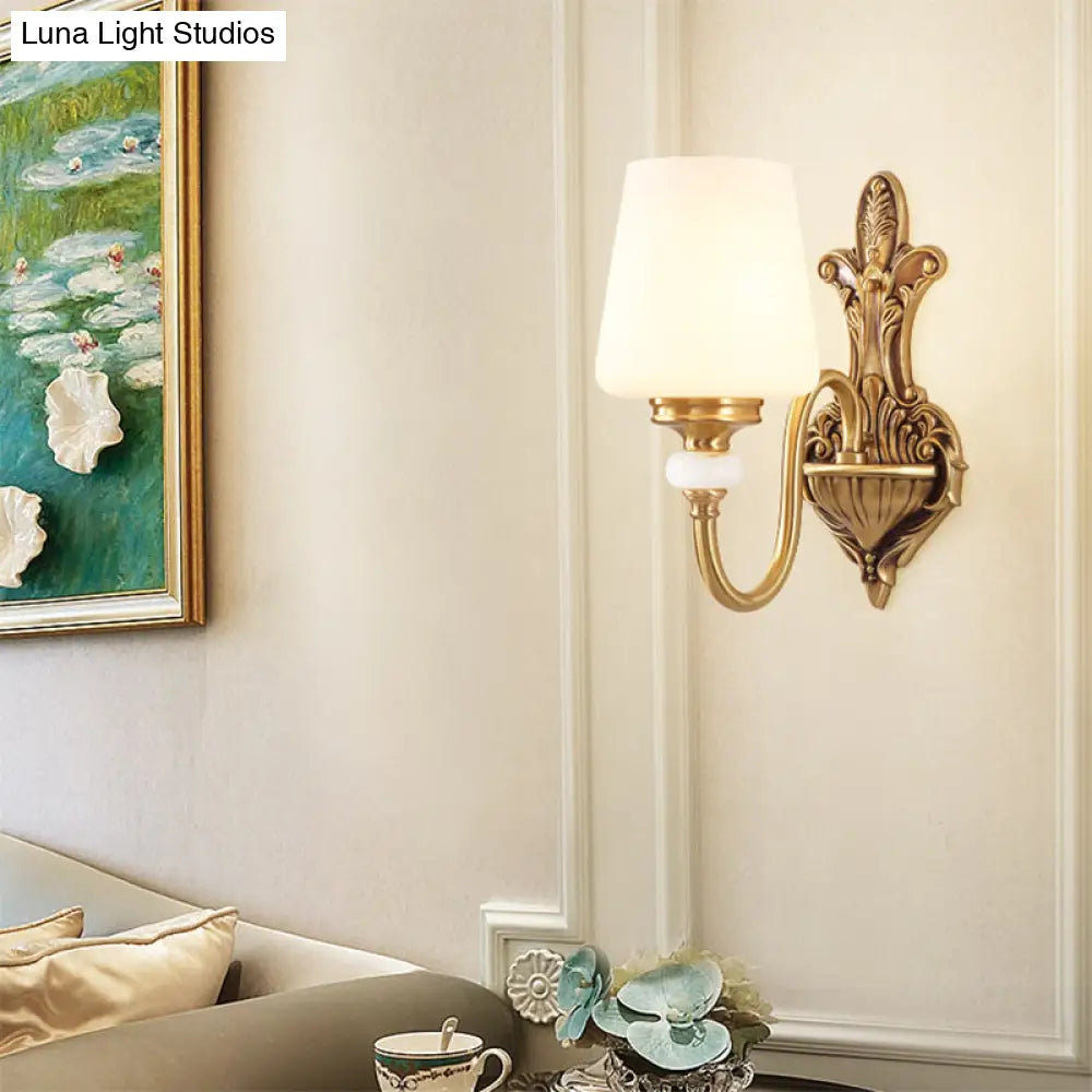 Vintage-Style Opal Glass Tapered Sconce Light With Golden Gooseneck Arm - Bedroom Wall Mount