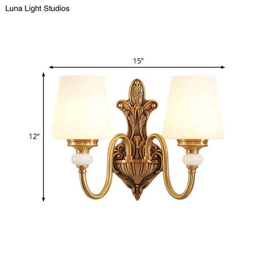 Vintage-Style Opal Glass Tapered Sconce Light With Golden Gooseneck Arm - Bedroom Wall Mount