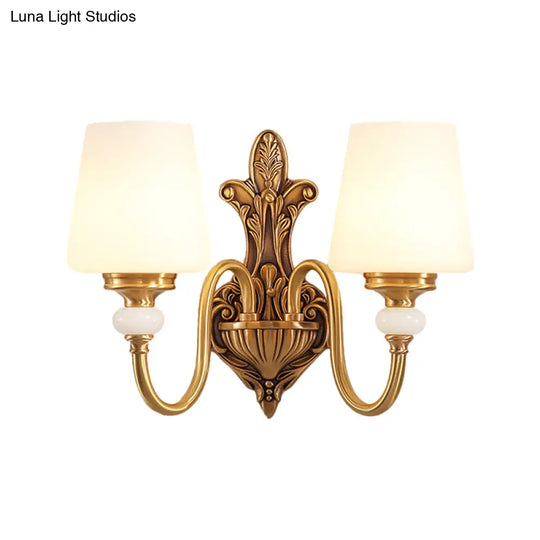 Vintage-Style Opal Glass Tapered Sconce Light With Golden Gooseneck Arm - Bedroom Wall Mount