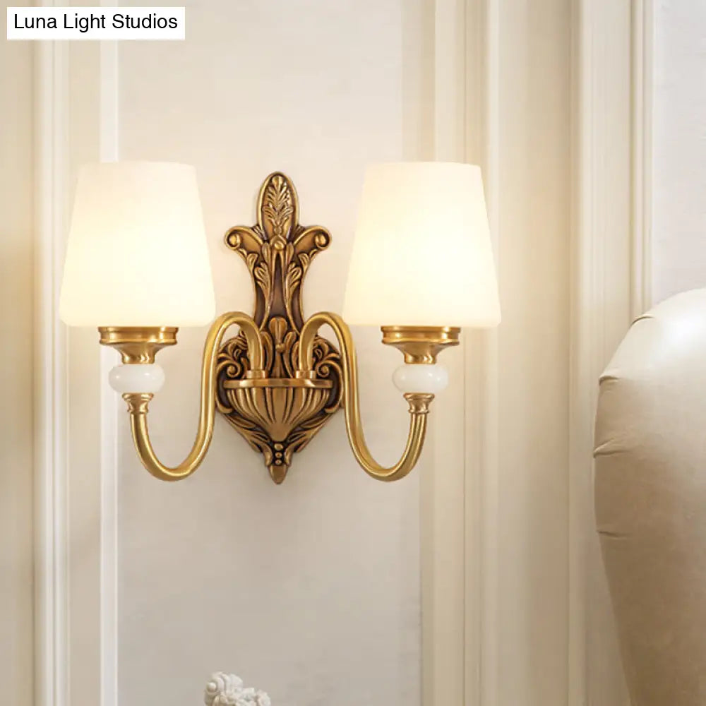 Vintage-Style Opal Glass Tapered Sconce Light With Golden Gooseneck Arm - Bedroom Wall Mount