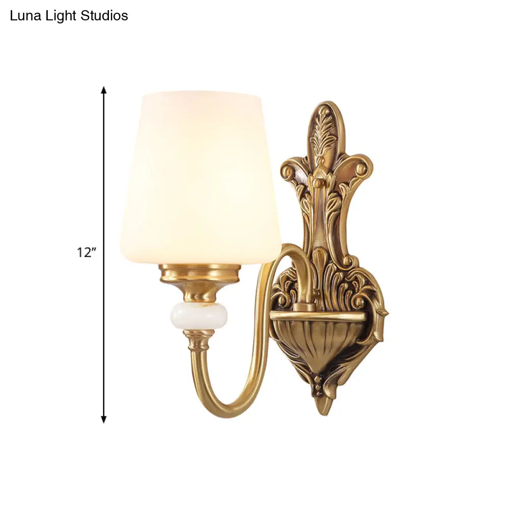 Vintage-Style Opal Glass Tapered Sconce Light With Golden Gooseneck Arm - Bedroom Wall Mount