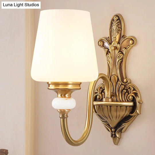 Vintage-Style Opal Glass Tapered Sconce Light With Golden Gooseneck Arm - Bedroom Wall Mount