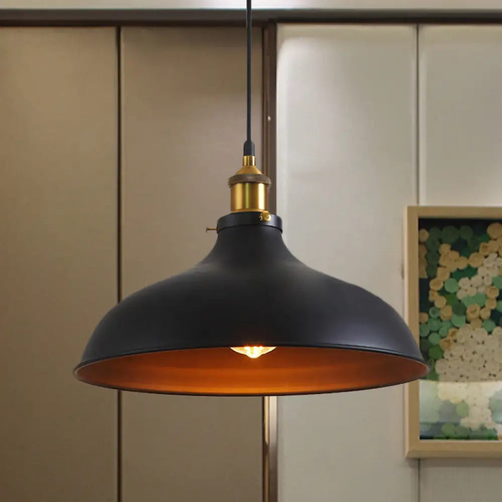 Vintage Style Pendant Lamp For Restaurant - Metal Bowl Ceiling Light In Black/White Black