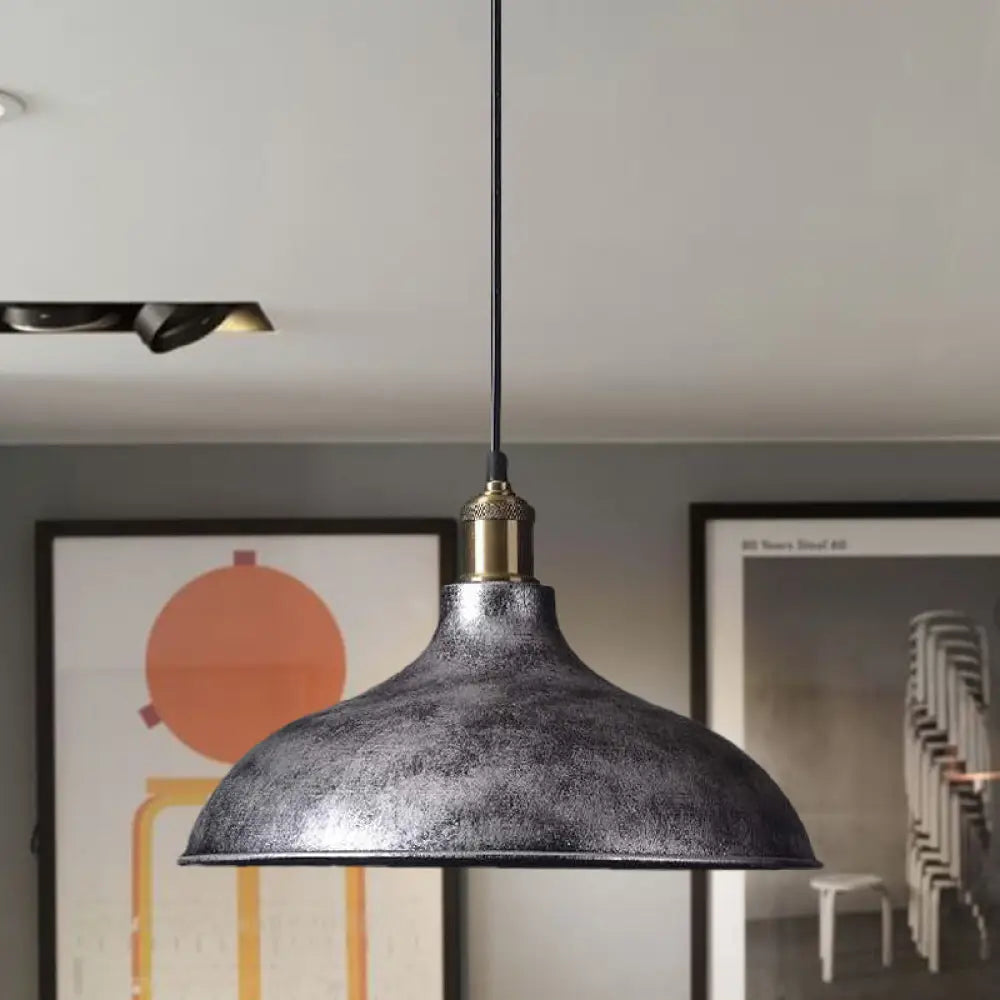 Vintage Style Pendant Lamp For Restaurant - Metal Bowl Ceiling Light In Black/White Aged Silver