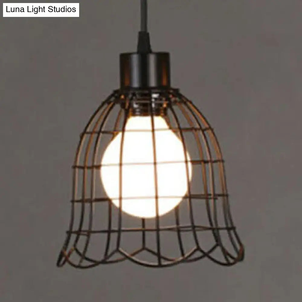 Vintage Pendant Light With Bell/Cylinder/Wavy Metal Design And Black Wire Frame / Bell