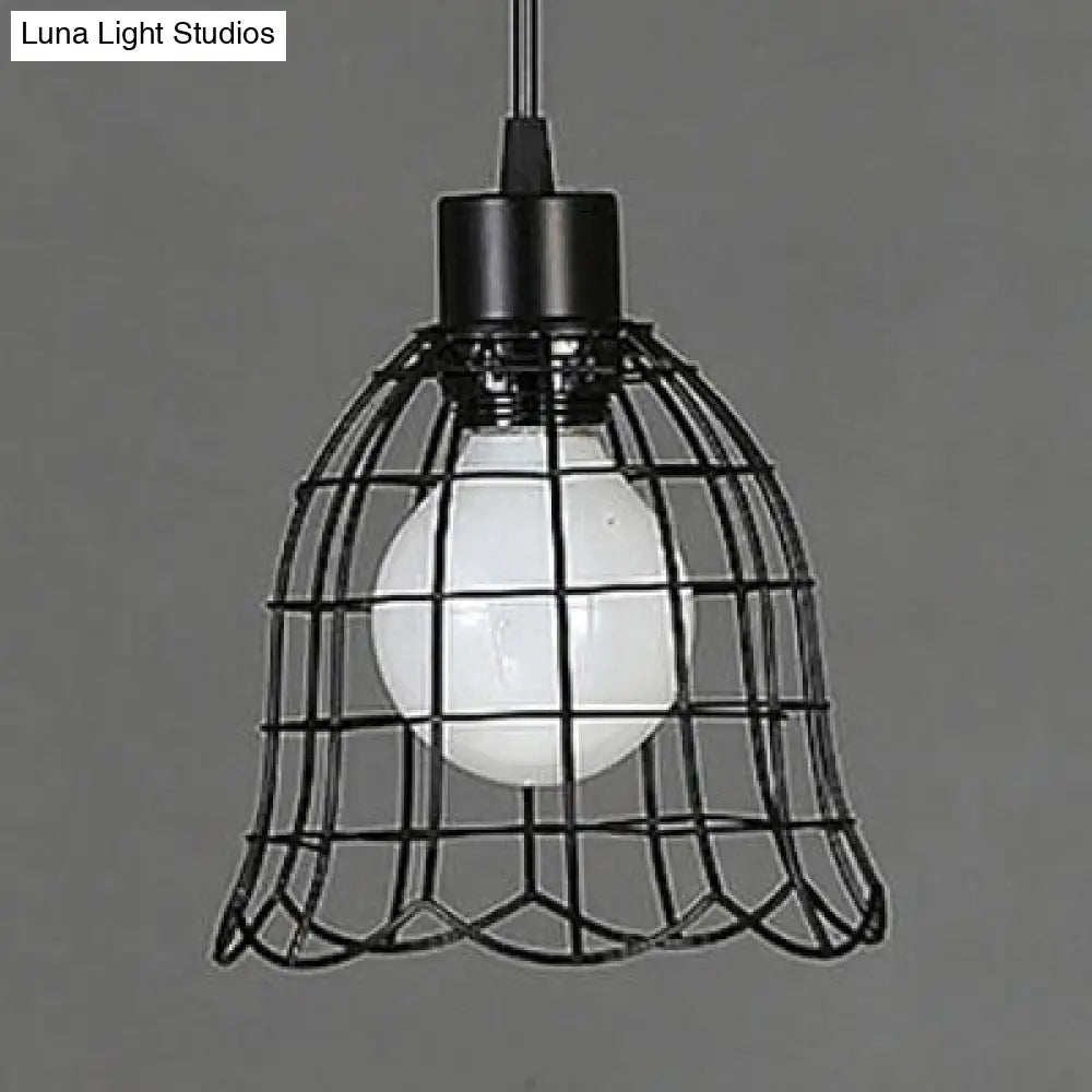 Vintage Pendant Light With Bell/Cylinder/Wavy Metal Design And Black Wire Frame