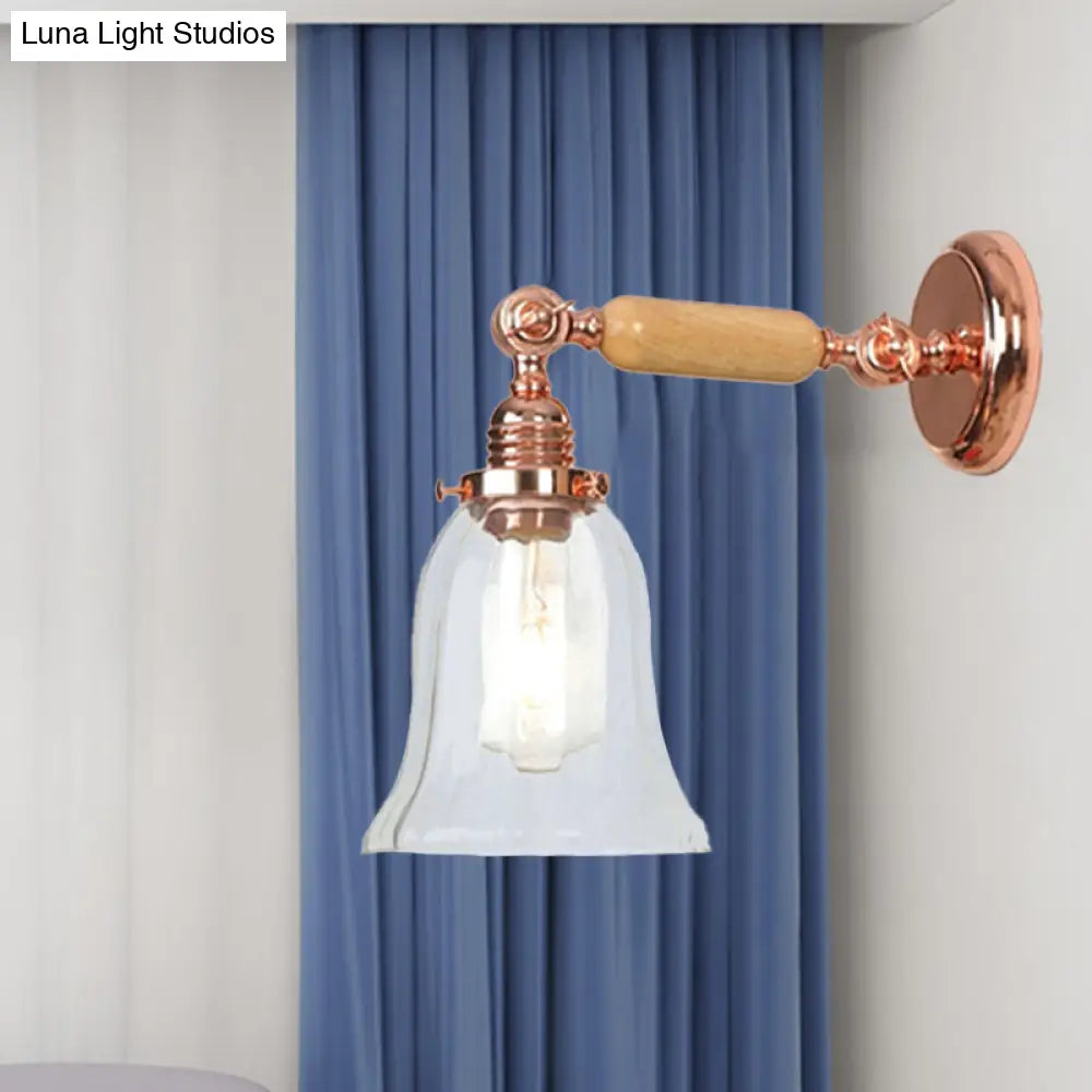 Vintage Style Prismatic Glass Sconce Light With Extendable Arm - Clear Bell Wood Wall Lamp Fixture