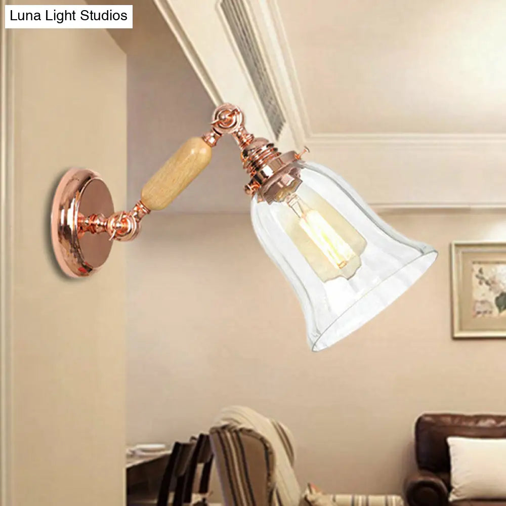 Vintage Style Prismatic Glass Sconce Light With Extendable Arm - Clear Bell Wood Wall Lamp Fixture