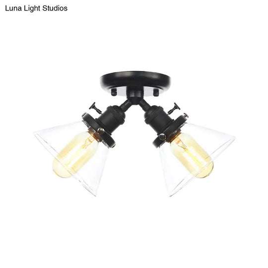 Vintage Style Semi Flush Mount Restaurant Ceiling Light With Conic Amber/Clear Glass Shade - 2 Heads