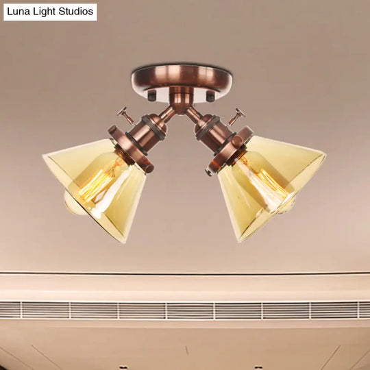Vintage Style Semi Flush Mount Restaurant Ceiling Light With Conic Amber/Clear Glass Shade - 2 Heads