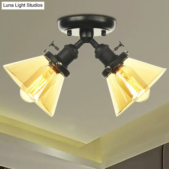 Vintage Style Semi Flush Mount Restaurant Ceiling Light With Conic Amber/Clear Glass Shade - 2 Heads