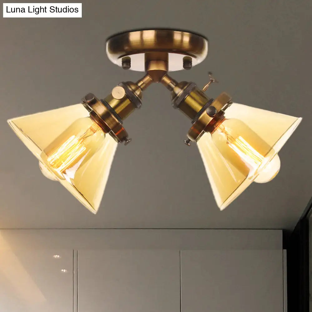 Vintage Style Semi Flush Mount Restaurant Ceiling Light With Conic Amber/Clear Glass Shade - 2 Heads