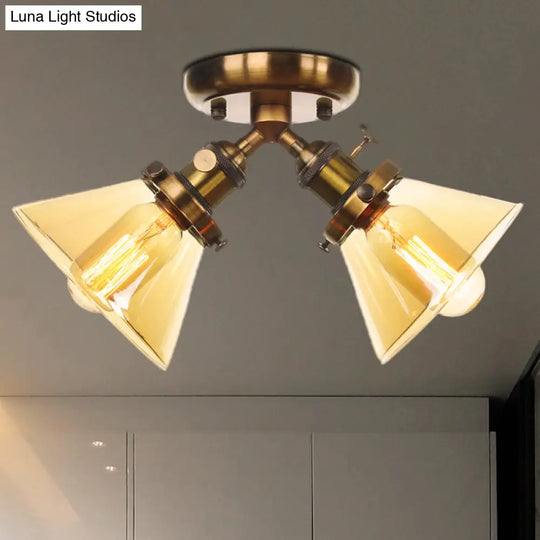 Vintage Style Semi Flush Mount Restaurant Ceiling Light With Conic Amber/Clear Glass Shade - 2 Heads