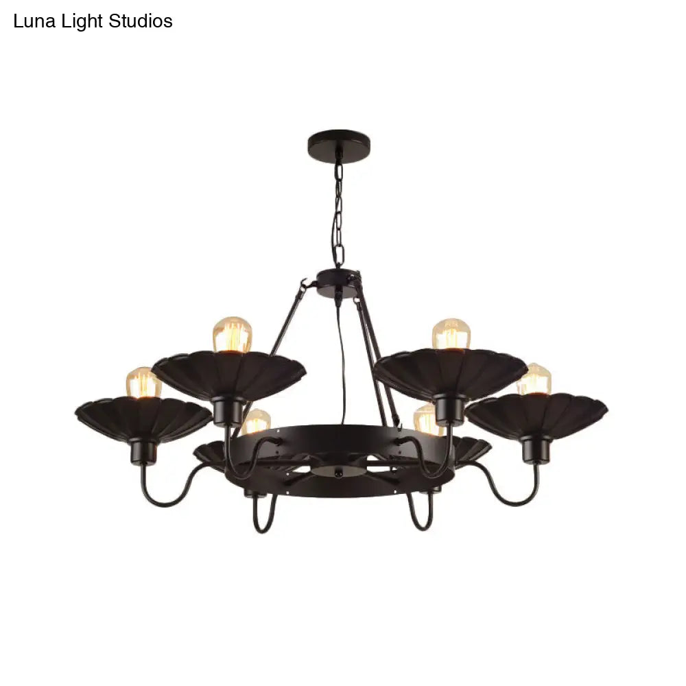 Vintage Style Black Chandelier With 6 Scalloped Shade Lights For Restaurants