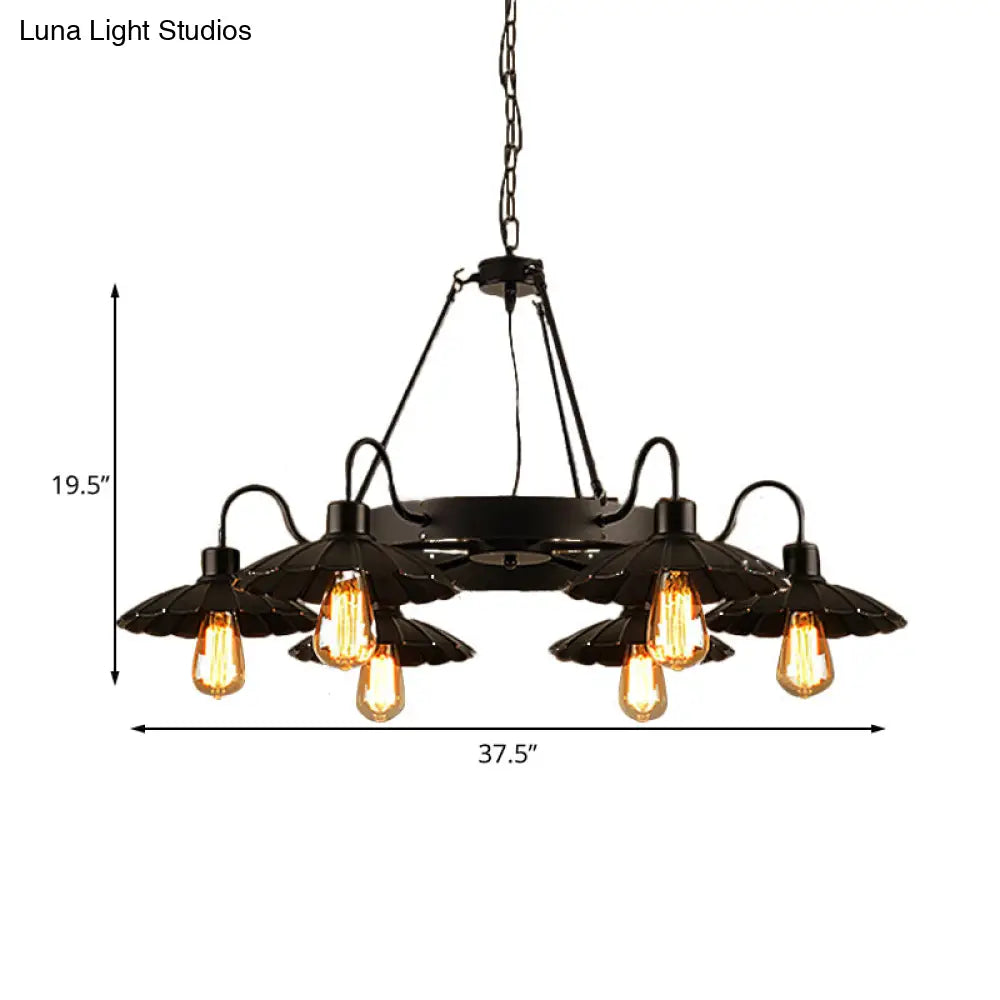 Vintage Style Restaurant Chandelier - 6 Head Down/Up Light With Scalloped Shade In Black