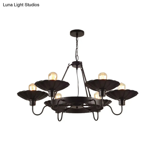 Vintage Style Restaurant Chandelier - 6 Head Down/Up Light With Scalloped Shade In Black