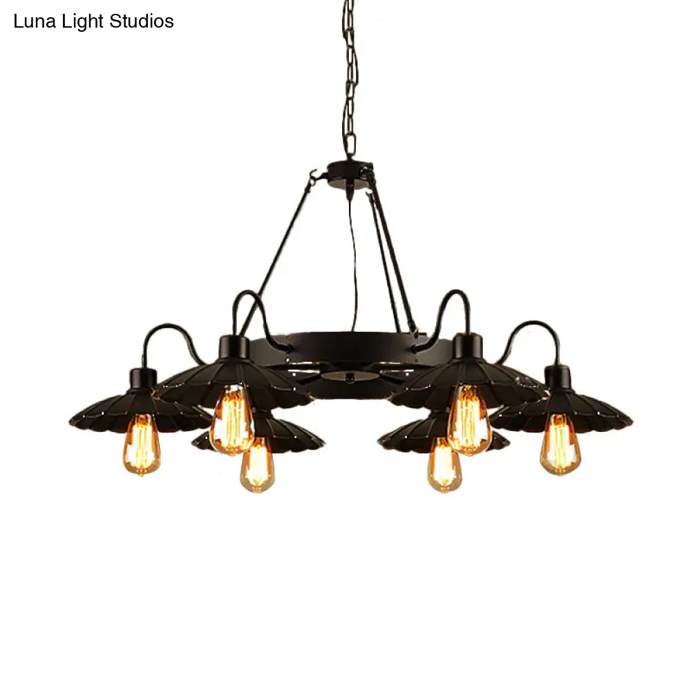 Vintage Style Restaurant Chandelier - 6 Head Down/Up Light With Scalloped Shade In Black