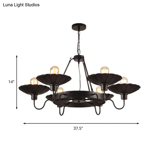 Vintage Style Restaurant Chandelier - 6 Head Down/Up Light With Scalloped Shade In Black