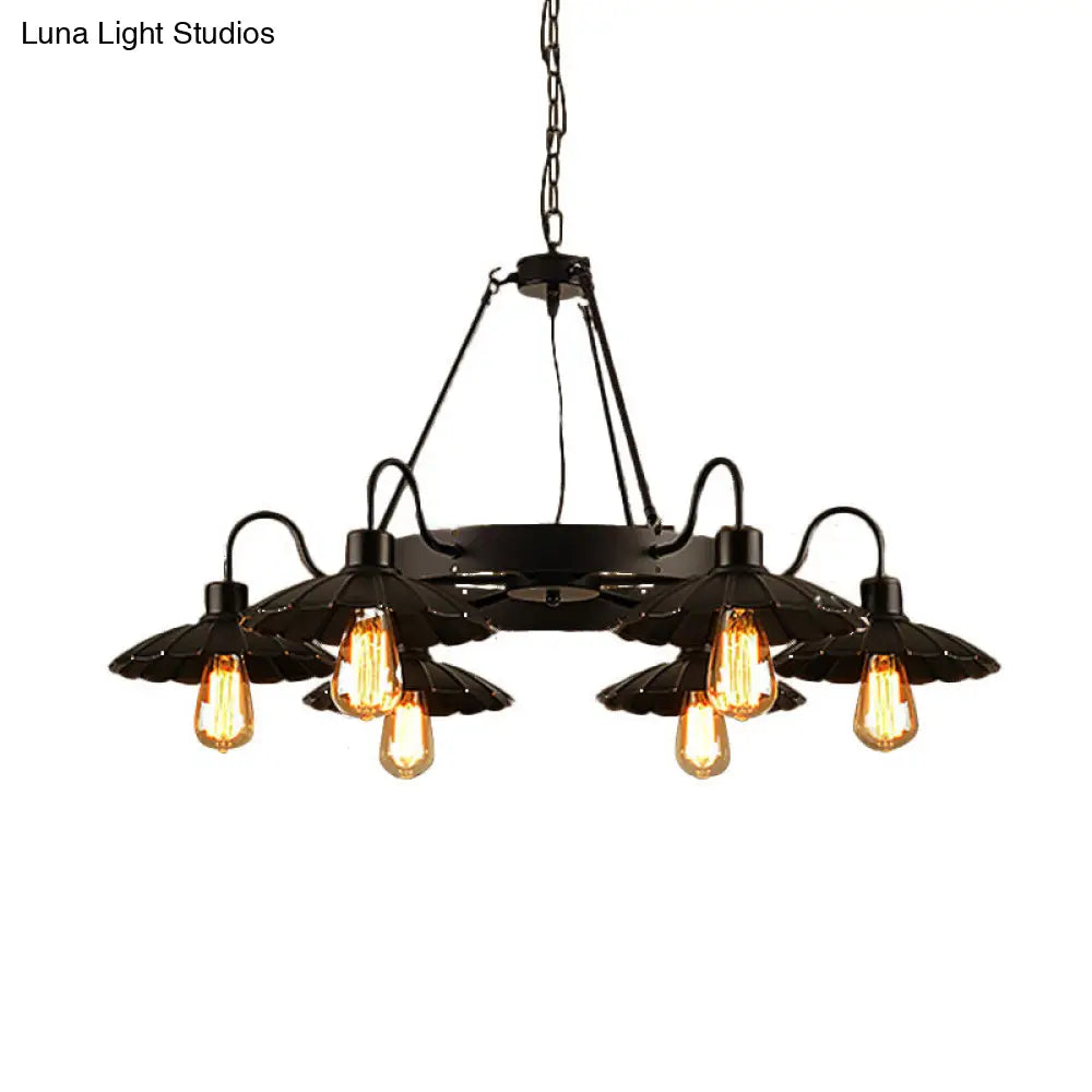 Vintage Style Black Chandelier With 6 Scalloped Shade Lights For Restaurants