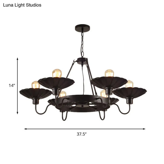 Vintage Style Black Chandelier With 6 Scalloped Shade Lights For Restaurants