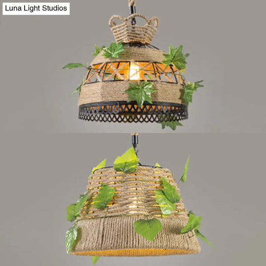 Vintage Style Rope Restaurant Hanging Light Fixture - Barrel/Dome Shape 1 Head Beige Suspension Lamp