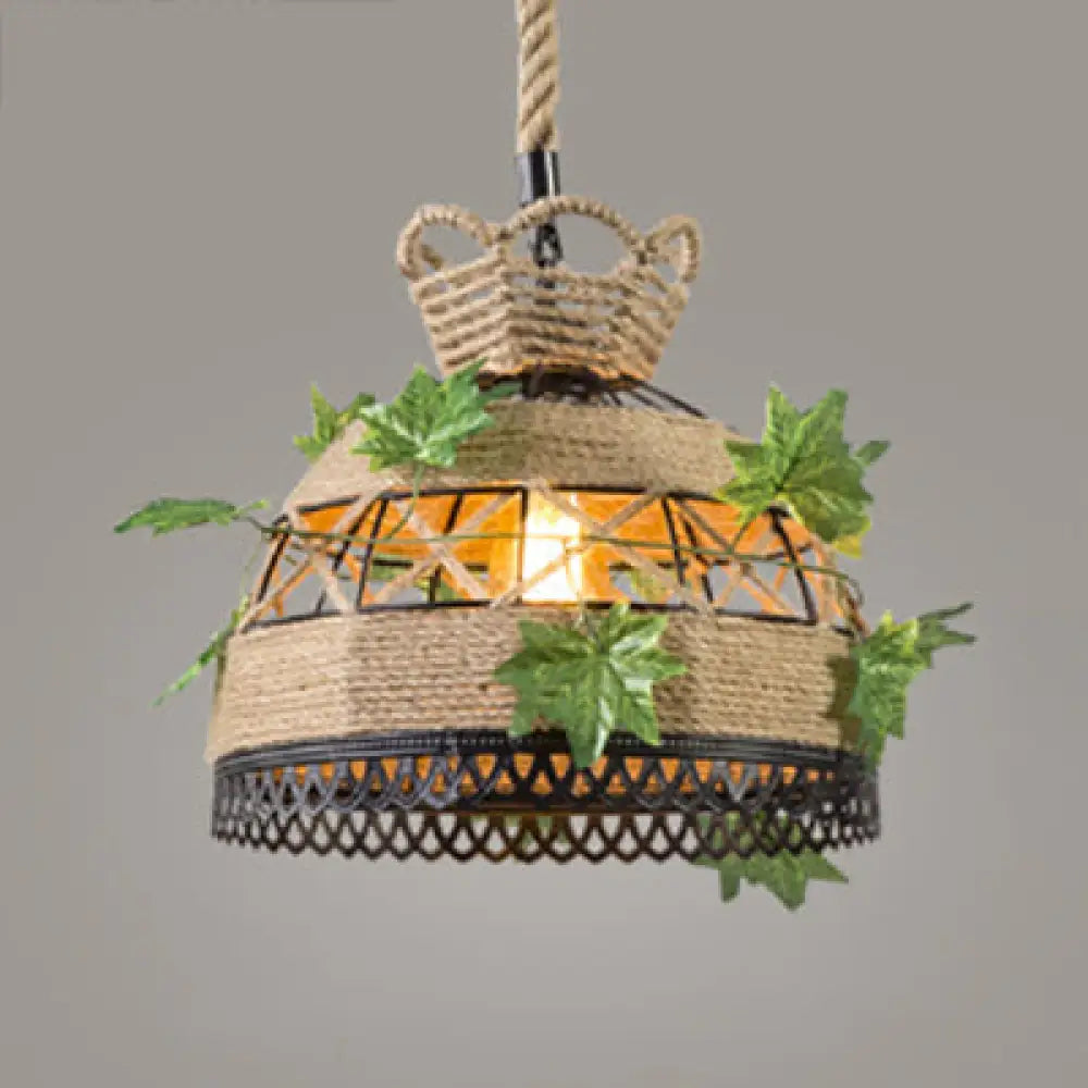 Vintage Style Rope Restaurant Hanging Light Fixture - Barrel/Dome Shape 1 Head Beige Suspension