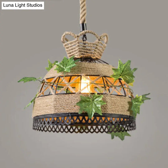 Vintage Style Rope Restaurant Hanging Light Fixture - Barrel/Dome Design Beige Suspension Lamp /