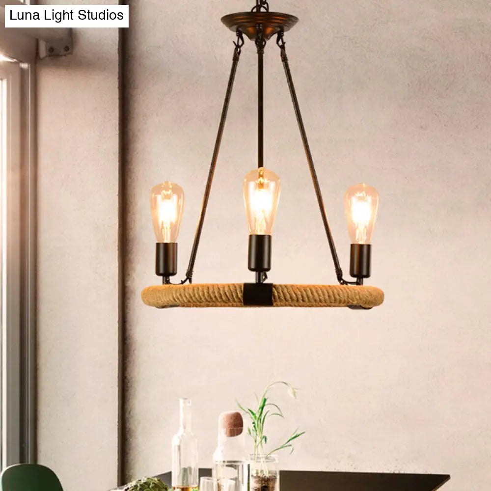 Vintage Style 3-Light Chandelier Pendant With Open Bulbs In Black Finish