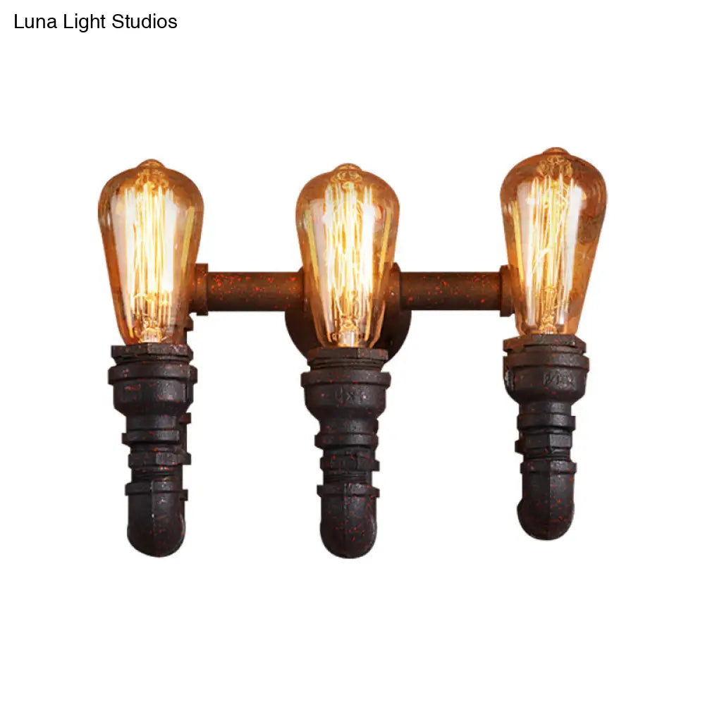 Vintage Style Rust Water Pipe Wall Sconce Light With Exposed Bulb - 3 Lights Iron Lamp