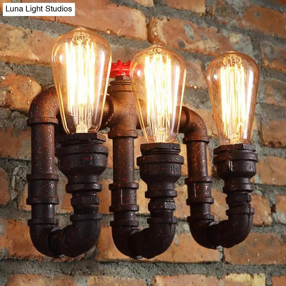 Vintage Style Rust Water Pipe Wall Sconce Light With Exposed Bulb - 3 Lights Iron Lamp