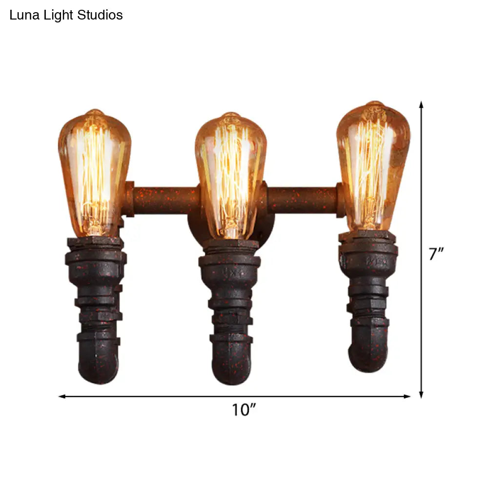 Vintage Style Rust Water Pipe Wall Sconce Light With Exposed Bulb - 3 Lights Iron Lamp